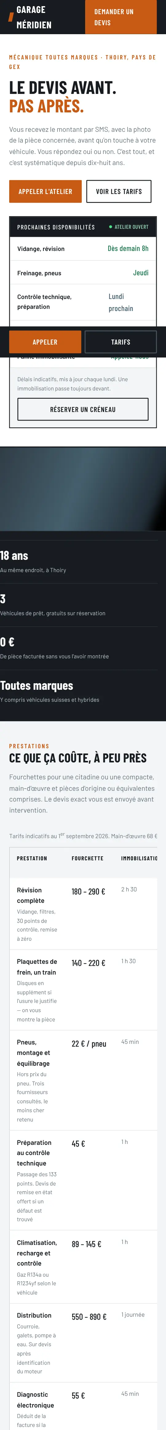 Page d'accueil du site de démonstration Garage Méridien, affichée sur un téléphone