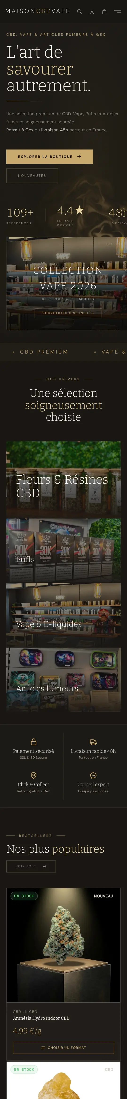 Page d'accueil de la boutique MaisonCBDVape sur un téléphone