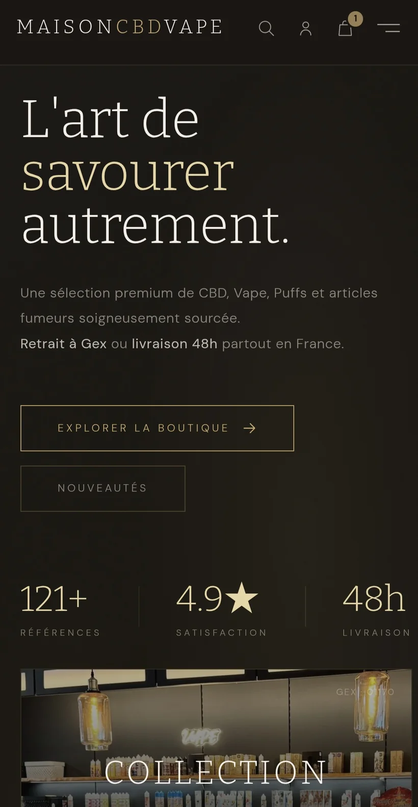 Page d'accueil de la boutique MaisonCBDVape sur un téléphone